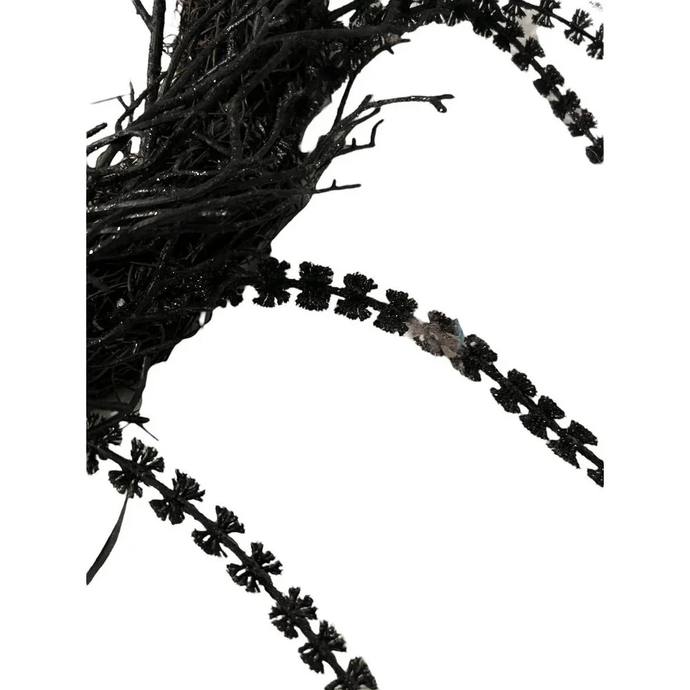 Halloween Black Grapevine Wreath Leaves Black Dangles Silver Skull 18